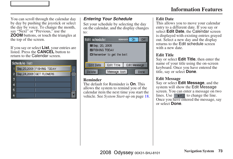 Information features, 2008 odyssey | HONDA 2008 Odyssey Navigation User Manual | Page 73 / 148