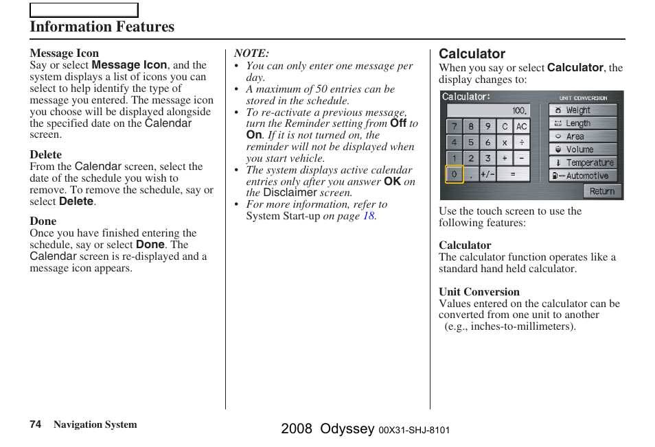Information features, 2008 odyssey | HONDA 2008 Odyssey Navigation User Manual | Page 74 / 148
