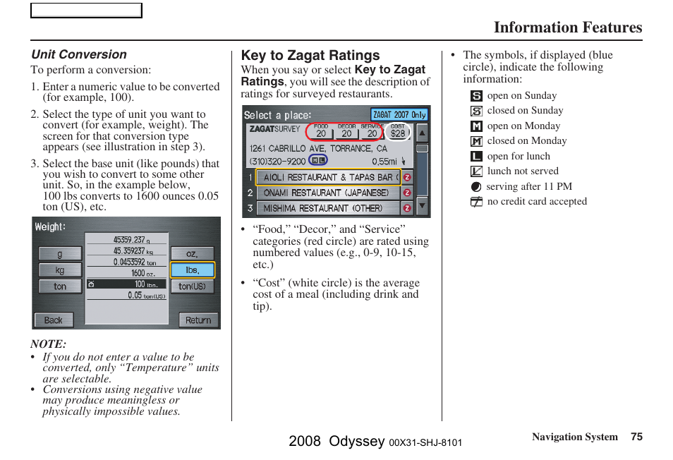 Information features, 2008 odyssey | HONDA 2008 Odyssey Navigation User Manual | Page 75 / 148