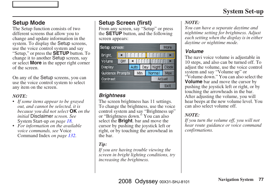 System set-up, 2008 odyssey | HONDA 2008 Odyssey Navigation User Manual | Page 77 / 148