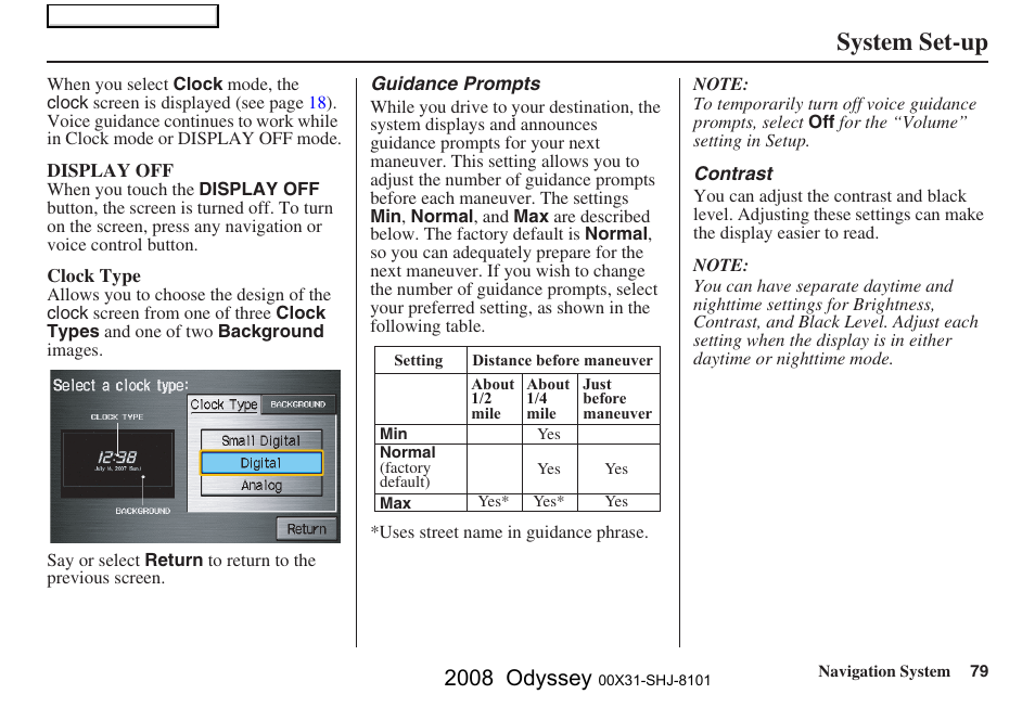 System set-up, 2008 odyssey | HONDA 2008 Odyssey Navigation User Manual | Page 79 / 148
