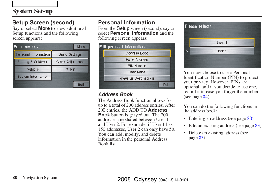 System set-up, 2008 odyssey | HONDA 2008 Odyssey Navigation User Manual | Page 80 / 148