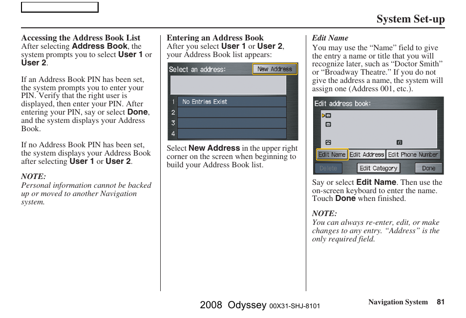 System set-up, 2008 odyssey | HONDA 2008 Odyssey Navigation User Manual | Page 81 / 148