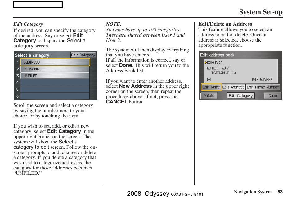 System set-up, 2008 odyssey | HONDA 2008 Odyssey Navigation User Manual | Page 83 / 148