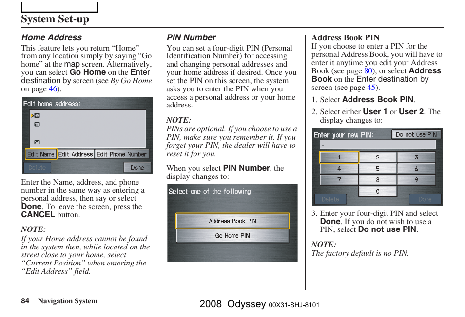 System set-up, 2008 odyssey | HONDA 2008 Odyssey Navigation User Manual | Page 84 / 148