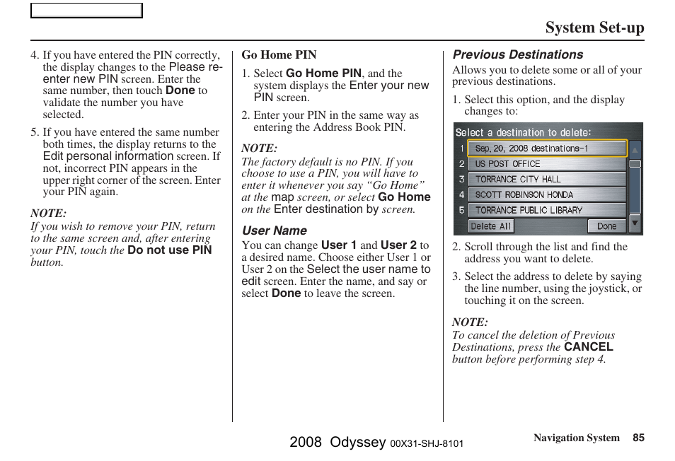 System set-up, 2008 odyssey | HONDA 2008 Odyssey Navigation User Manual | Page 85 / 148