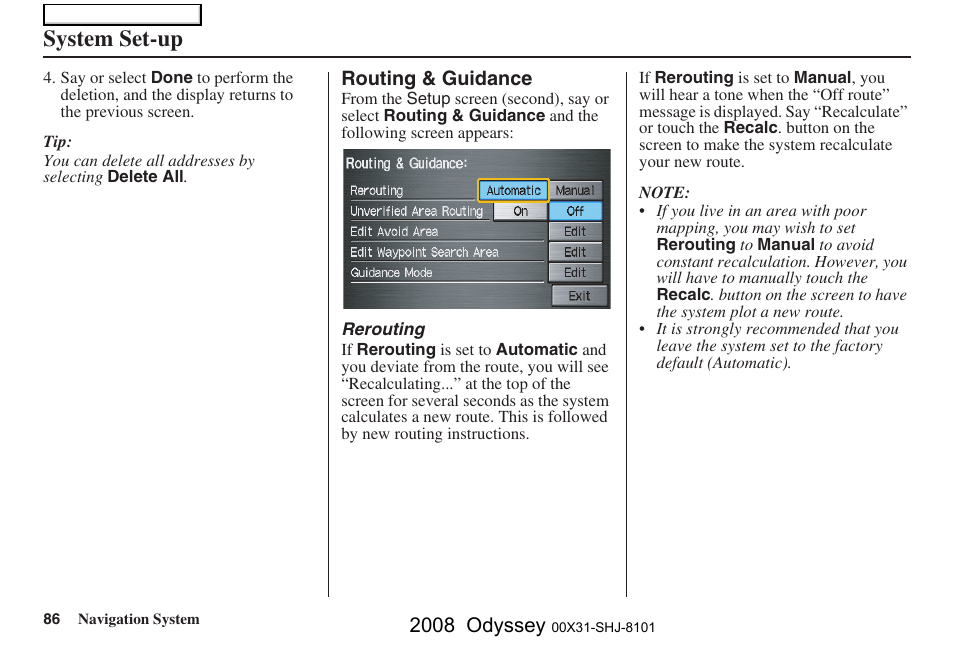 System set-up, 2008 odyssey | HONDA 2008 Odyssey Navigation User Manual | Page 86 / 148