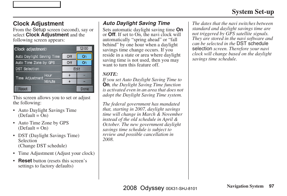System set-up, 2008 odyssey | HONDA 2008 Odyssey Navigation User Manual | Page 97 / 148