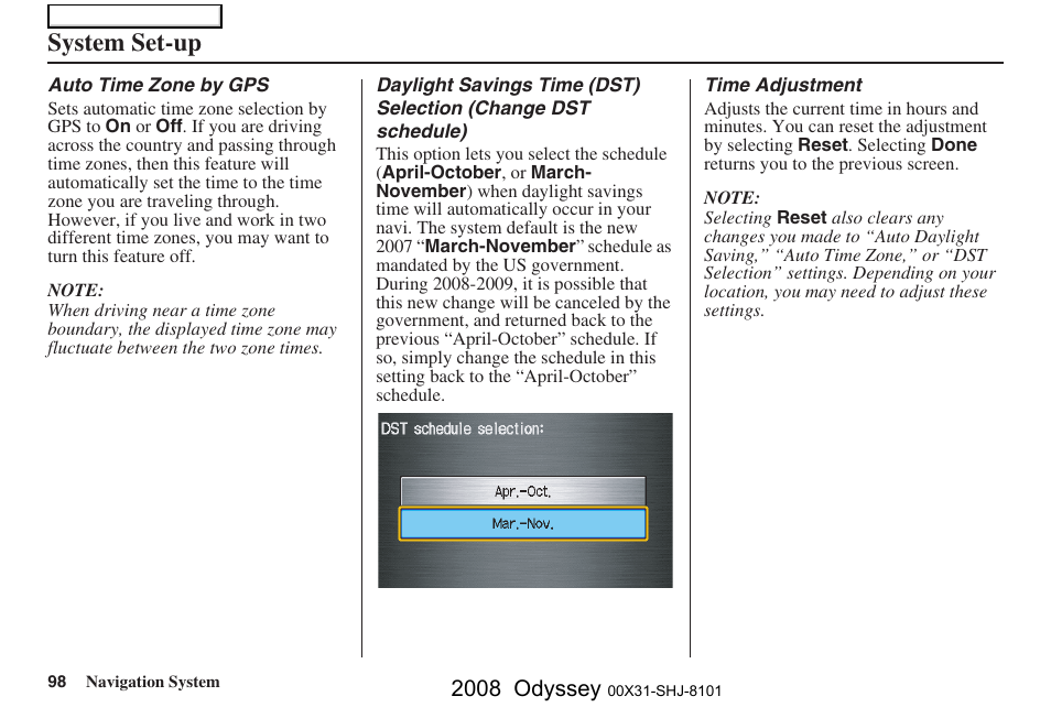 System set-up, 2008 odyssey | HONDA 2008 Odyssey Navigation User Manual | Page 98 / 148