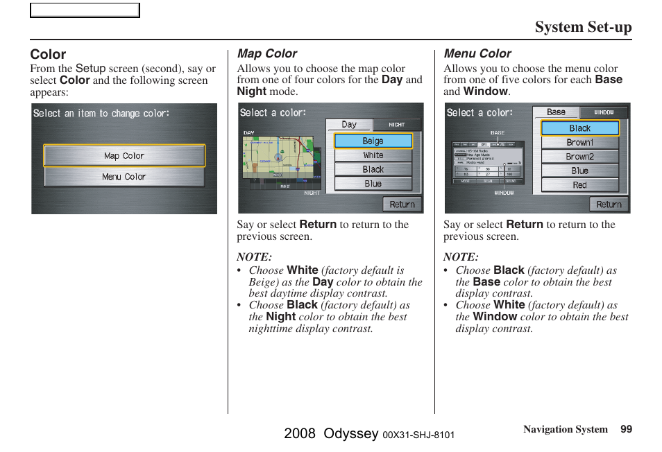 System set-up, 2008 odyssey | HONDA 2008 Odyssey Navigation User Manual | Page 99 / 148