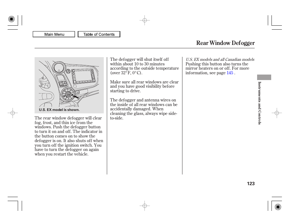 Rear window defogger, 2010 insight | HONDA 2010 Insight User Manual | Page 126 / 450