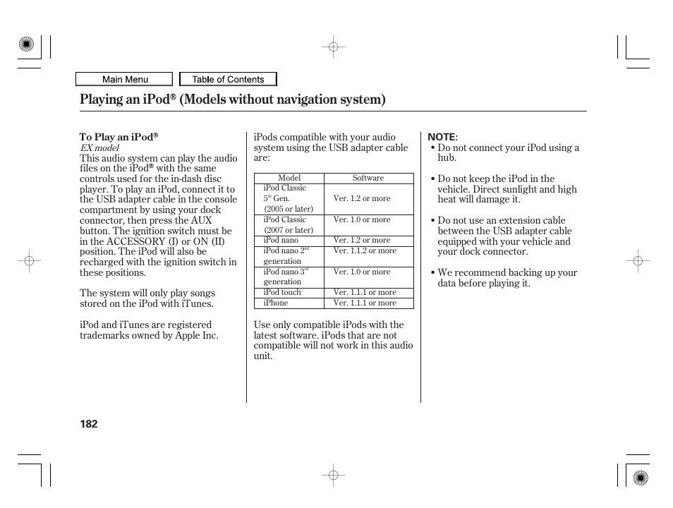 Playing an ipod (models without navigation system), 2010 insight | HONDA 2010 Insight User Manual | Page 185 / 450