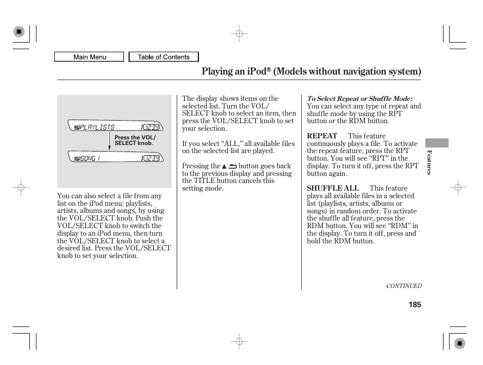 Playing an ipod (models without navigation system) | HONDA 2010 Insight User Manual | Page 188 / 450
