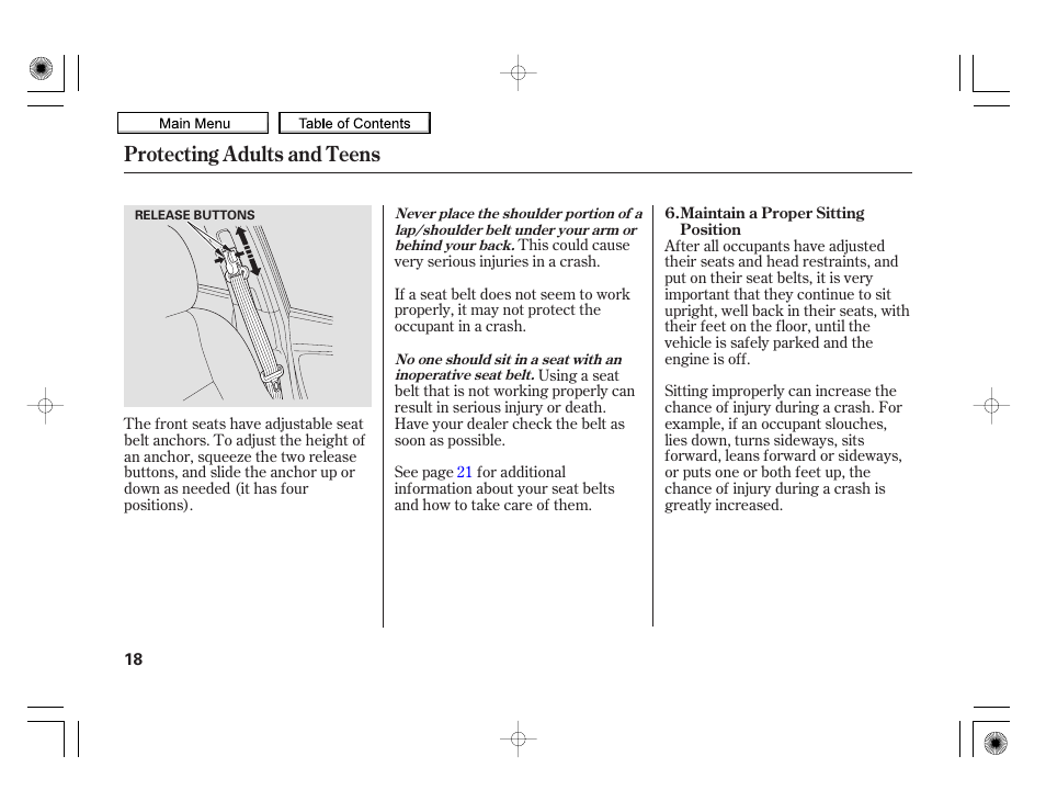 Protecting adults and teens | HONDA 2010 Insight User Manual | Page 21 / 450