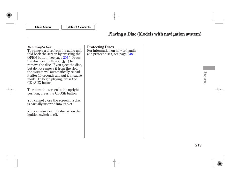 Playing a disc (models with navigation system) | HONDA 2010 Insight User Manual | Page 216 / 450