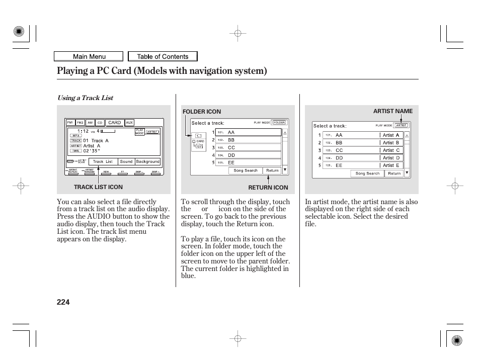 Playing a pc card (models with navigation system) | HONDA 2010 Insight User Manual | Page 227 / 450