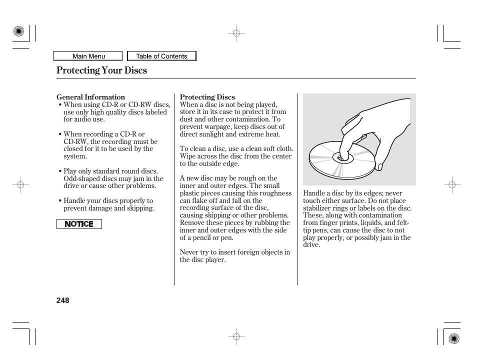 Protecting your discs | HONDA 2010 Insight User Manual | Page 251 / 450