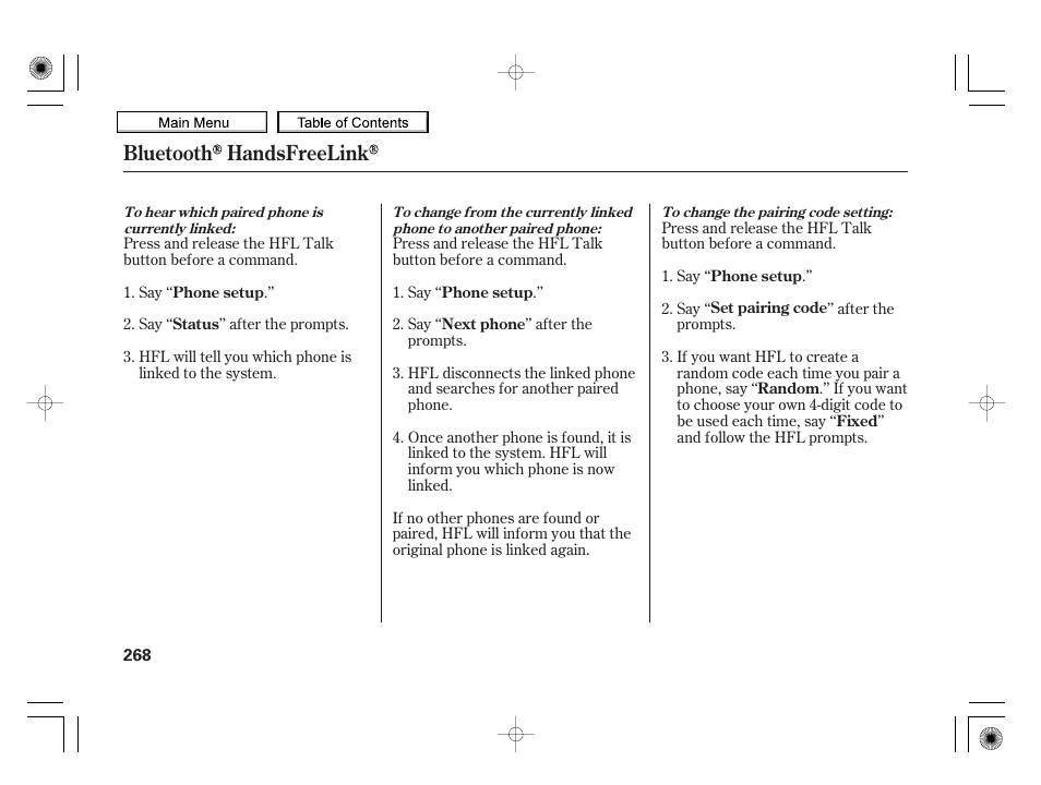 Bluetooth handsfreelink | HONDA 2010 Insight User Manual | Page 271 / 450