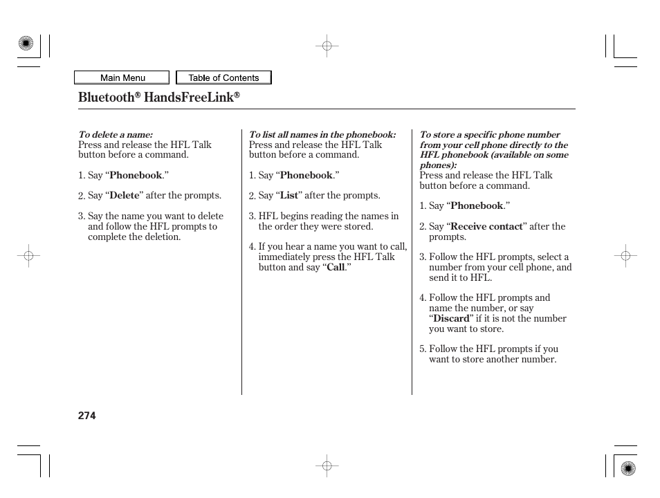 Bluetooth handsfreelink | HONDA 2010 Insight User Manual | Page 277 / 450