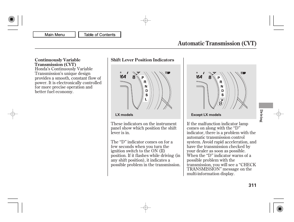 Automatic transmission (cvt) | HONDA 2010 Insight User Manual | Page 314 / 450