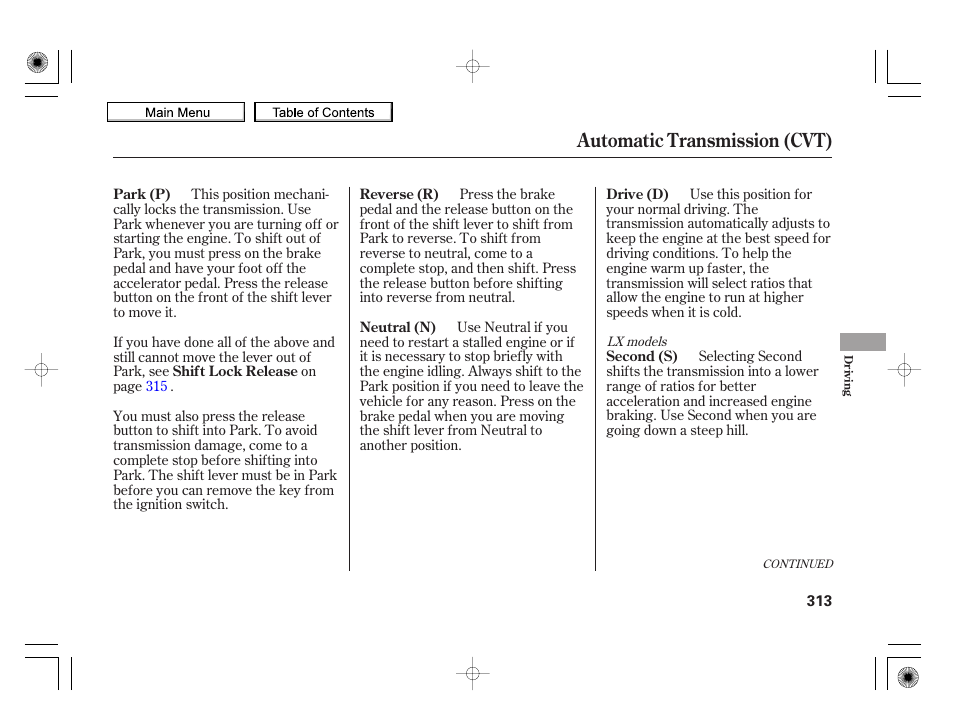 Automatic transmission (cvt) | HONDA 2010 Insight User Manual | Page 316 / 450
