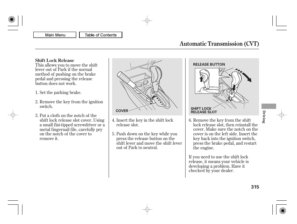 Automatic transmission (cvt) | HONDA 2010 Insight User Manual | Page 318 / 450