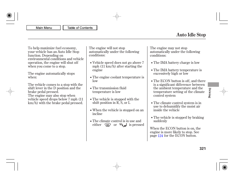 Auto idle stop | HONDA 2010 Insight User Manual | Page 324 / 450