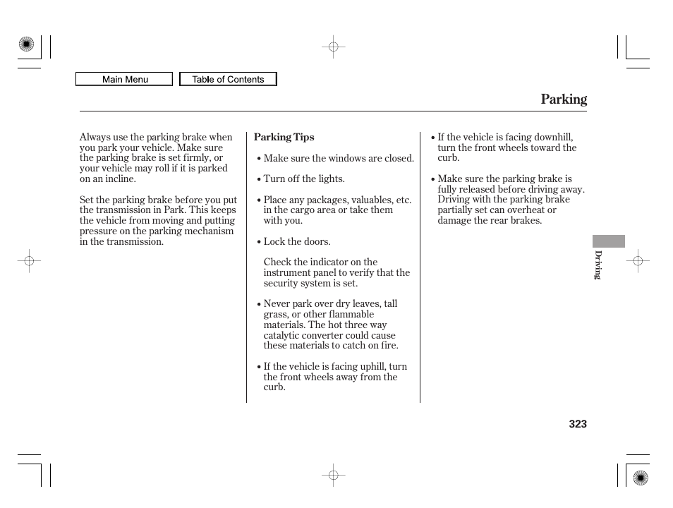 Parking | HONDA 2010 Insight User Manual | Page 326 / 450
