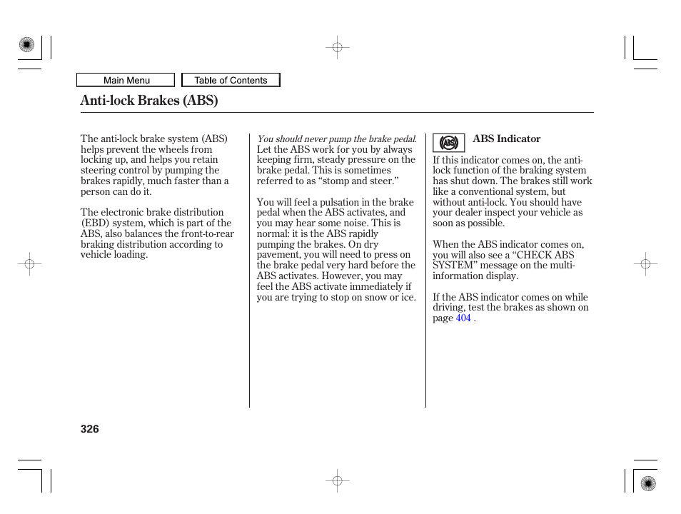Anti-lock brakes (abs) | HONDA 2010 Insight User Manual | Page 329 / 450