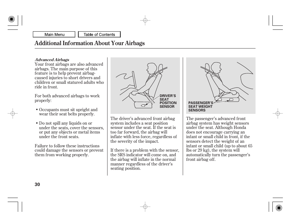 Additional information about your airbags | HONDA 2010 Insight User Manual | Page 33 / 450