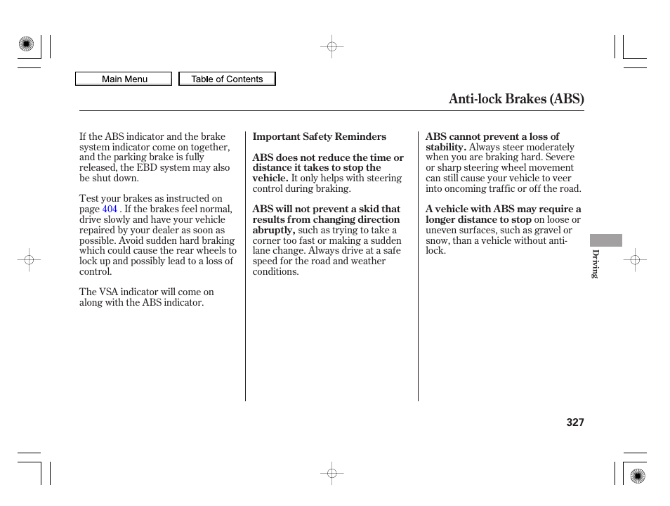 Anti-lock brakes (abs) | HONDA 2010 Insight User Manual | Page 330 / 450