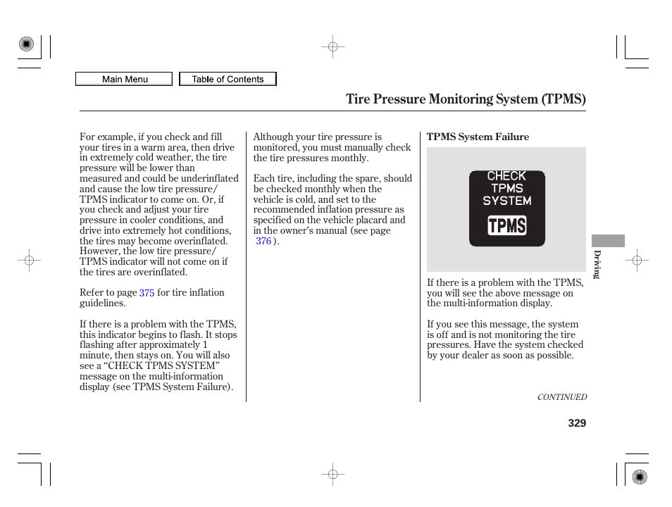Tire pressure monitoring system (tpms) | HONDA 2010 Insight User Manual | Page 332 / 450