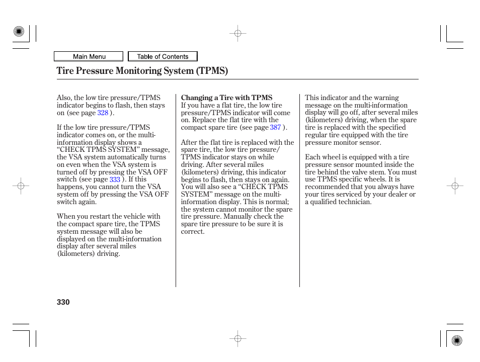 Tire pressure monitoring system (tpms) | HONDA 2010 Insight User Manual | Page 333 / 450