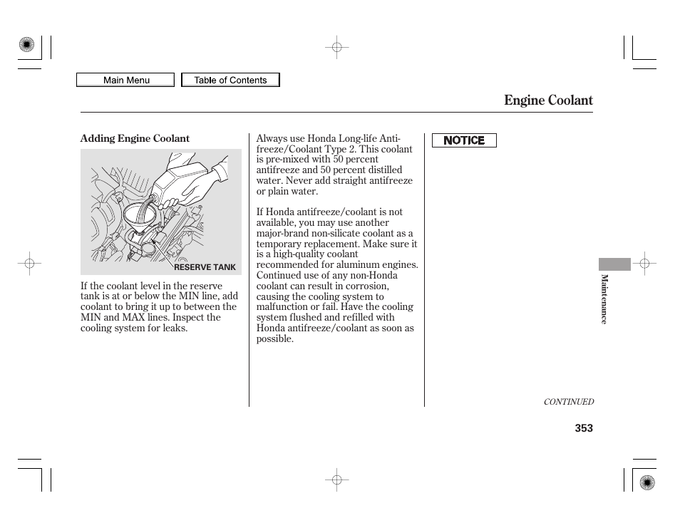 Engine coolant | HONDA 2010 Insight User Manual | Page 356 / 450