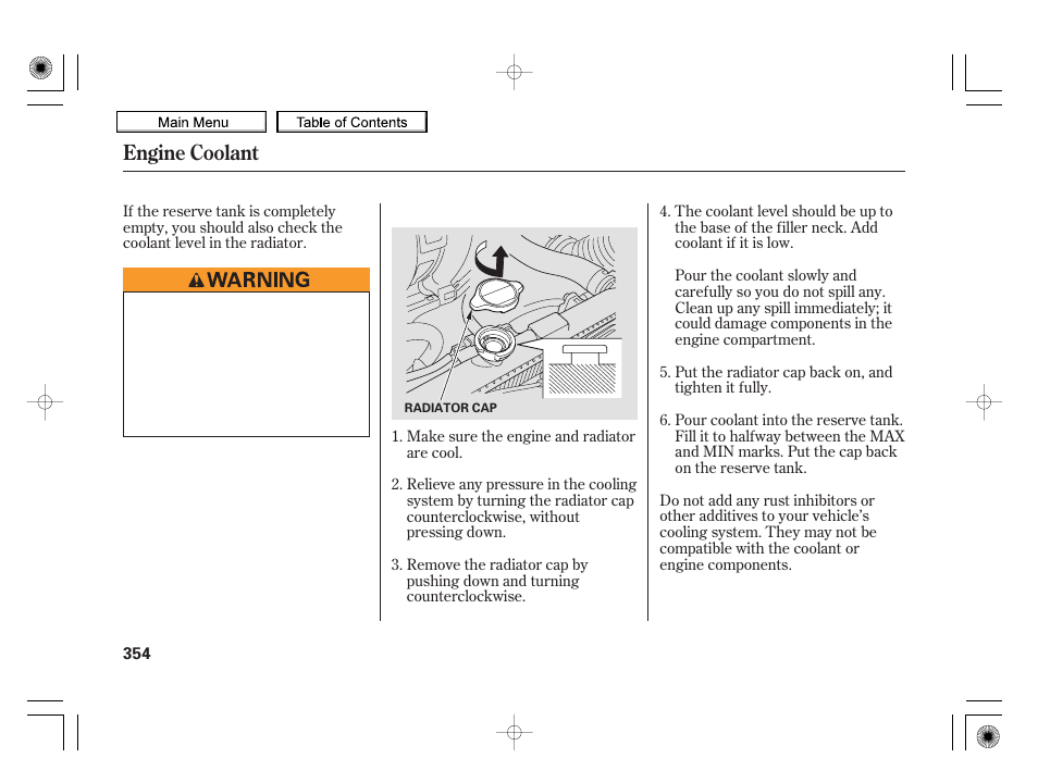 Engine coolant | HONDA 2010 Insight User Manual | Page 357 / 450