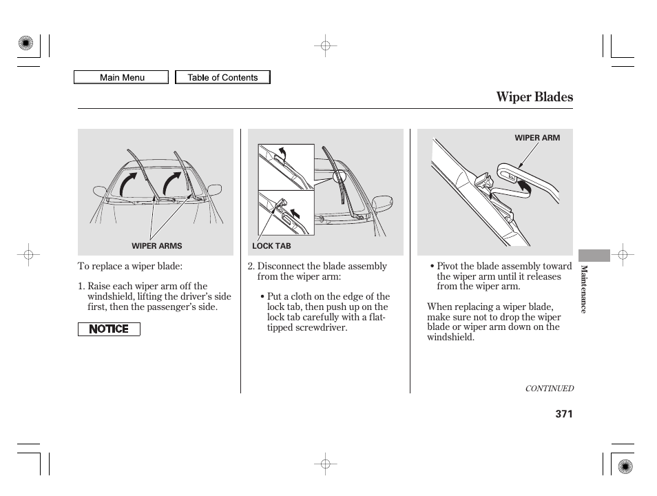 Wiper blades, 2010 insight | HONDA 2010 Insight User Manual | Page 374 / 450