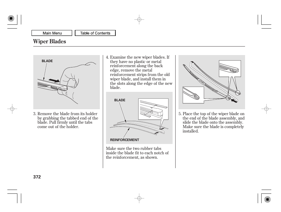 Wiper blades | HONDA 2010 Insight User Manual | Page 375 / 450