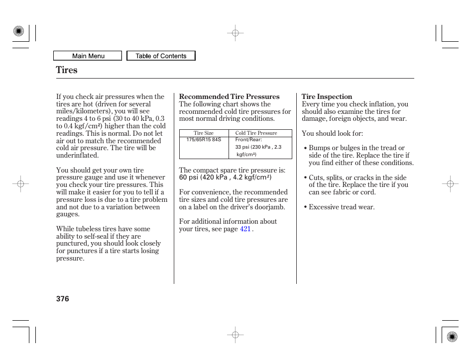 Tires, 2010 insight | HONDA 2010 Insight User Manual | Page 379 / 450