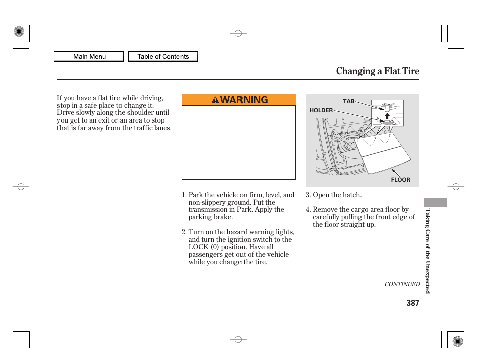 Changing a flat tire, 2010 insight | HONDA 2010 Insight User Manual | Page 390 / 450