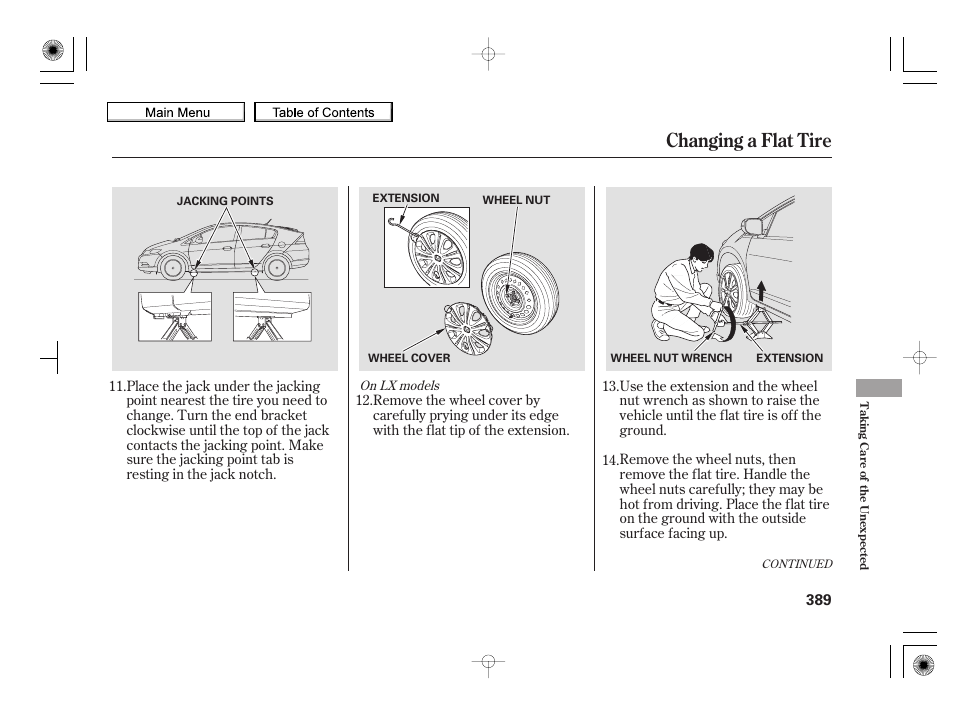 Changing a flat tire, 2010 insight | HONDA 2010 Insight User Manual | Page 392 / 450