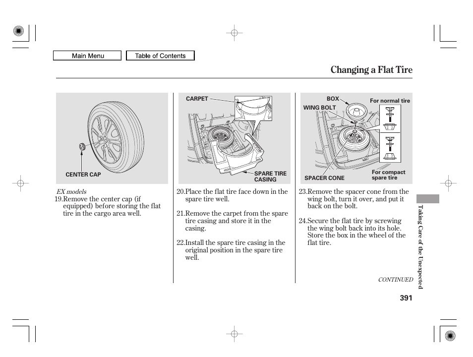 Changing a flat tire, 2010 insight | HONDA 2010 Insight User Manual | Page 394 / 450