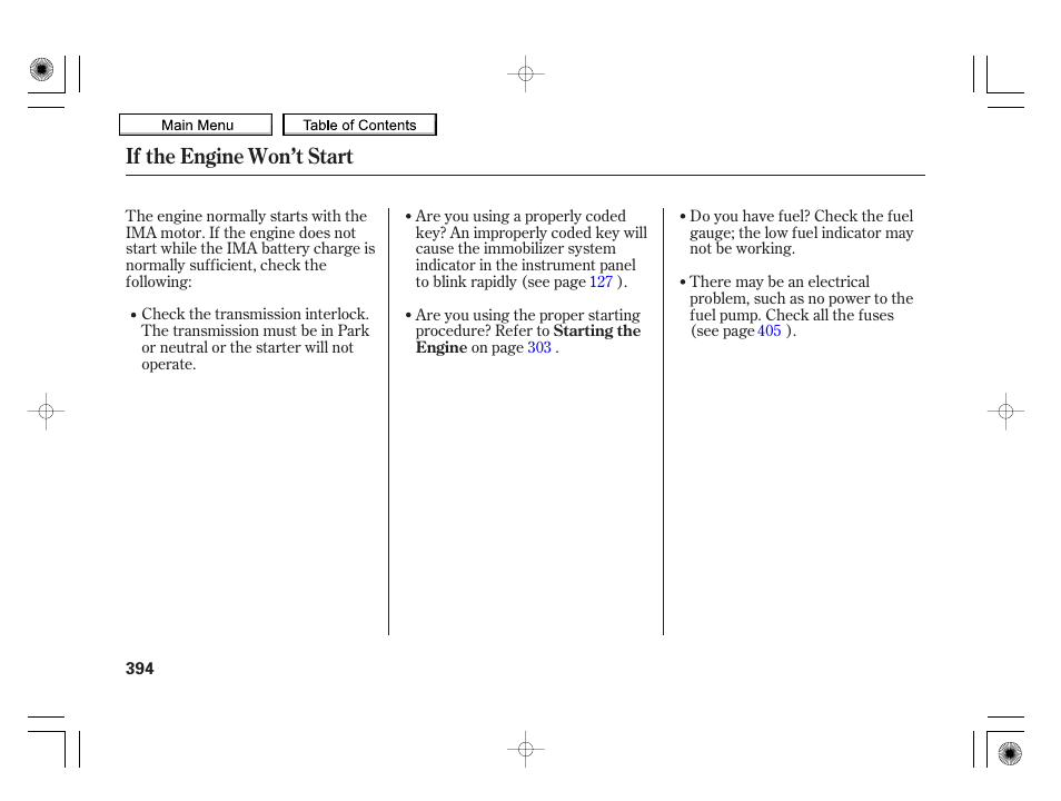 If the engine won’t start | HONDA 2010 Insight User Manual | Page 397 / 450