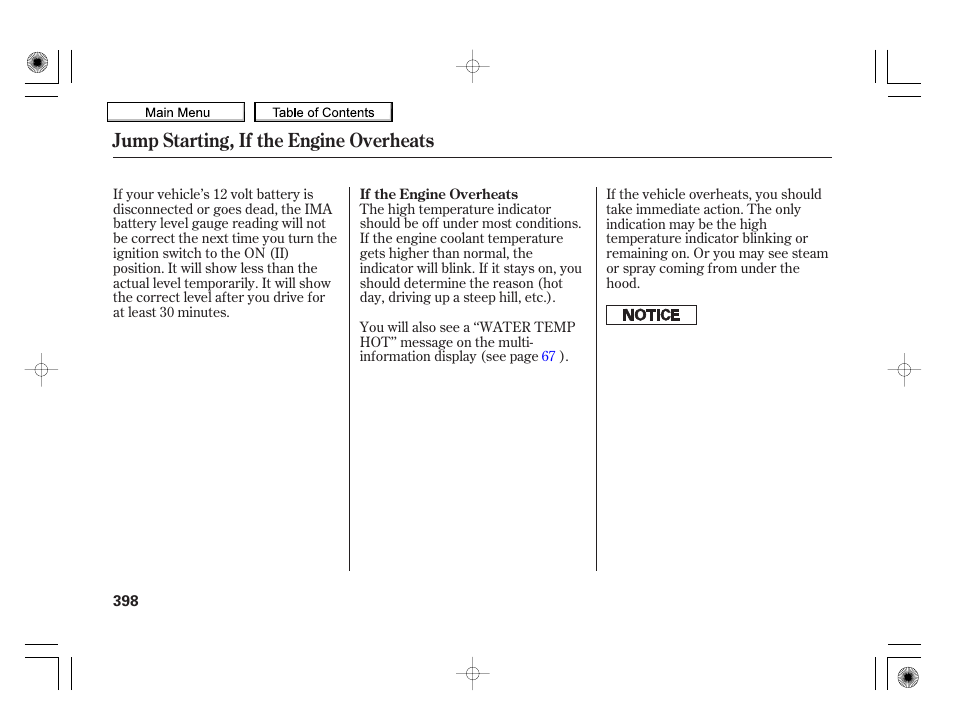 Jump starting, if the engine overheats | HONDA 2010 Insight User Manual | Page 401 / 450