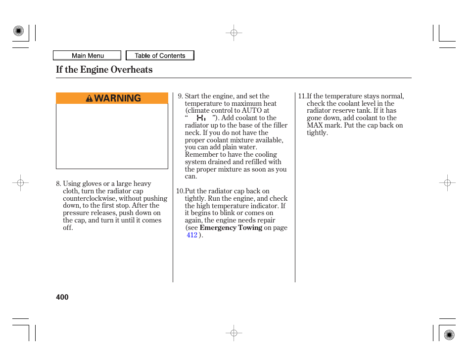 If the engine overheats | HONDA 2010 Insight User Manual | Page 403 / 450