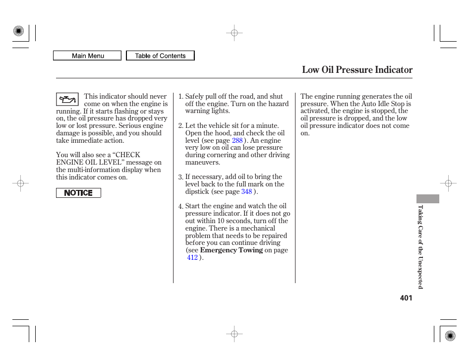Low oil pressure indicator, 2010 insight | HONDA 2010 Insight User Manual | Page 404 / 450