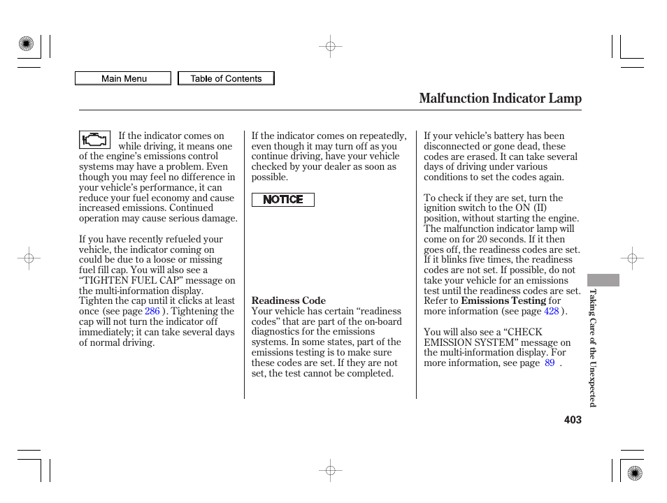 Malfunction indicator lamp, 2010 insight | HONDA 2010 Insight User Manual | Page 406 / 450