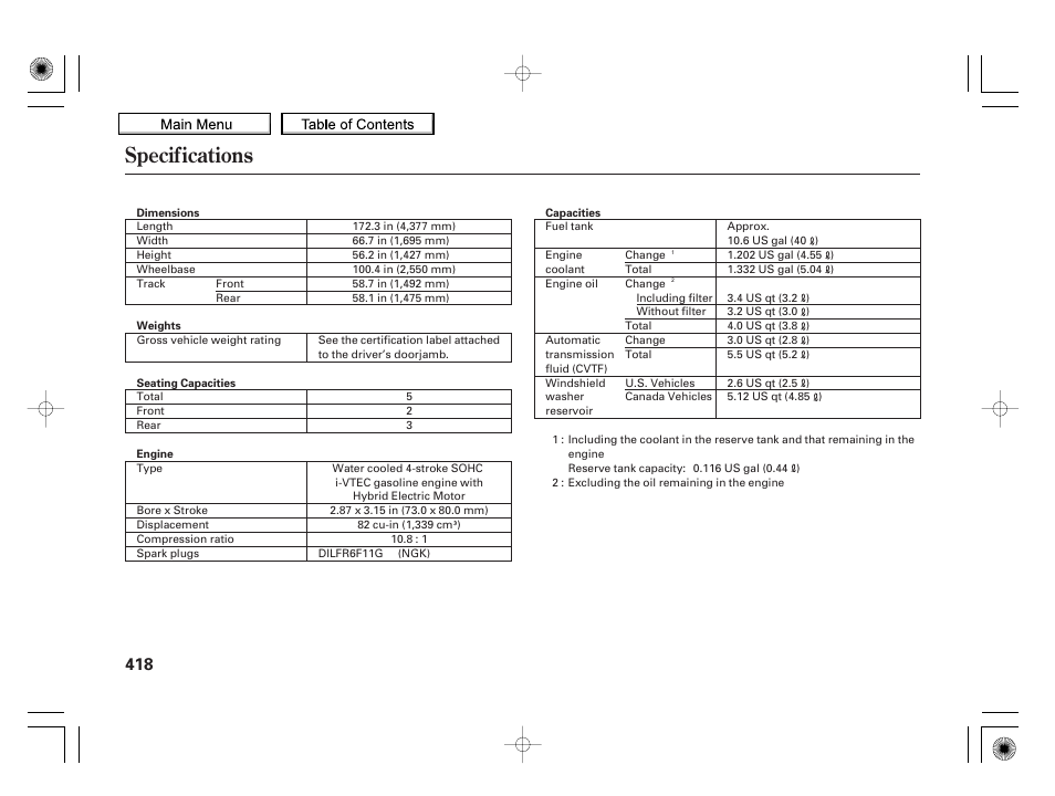 Specifications, 2010 insight | HONDA 2010 Insight User Manual | Page 421 / 450