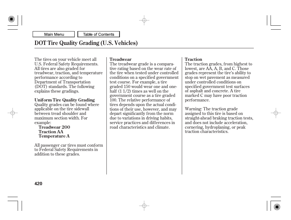 Dot tire quality grading (u.s. vehicles) | HONDA 2010 Insight User Manual | Page 423 / 450