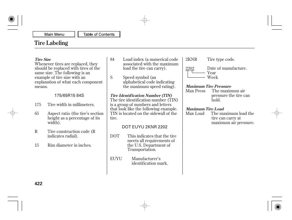 Tire labeling | HONDA 2010 Insight User Manual | Page 425 / 450