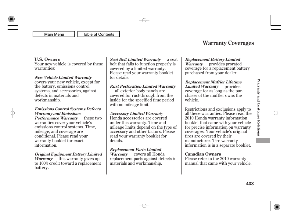 Warranty coverages, 2010 insight | HONDA 2010 Insight User Manual | Page 436 / 450